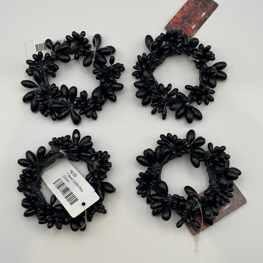 Eclipse Black 1 Inch Beaded Candle Ring Set of 4 Glossy Floral Gothic Decor